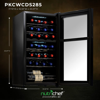 Nutrichef 28 Bottle Wine Fridge | Dual Zone Adjustable Temperature Control 41°F to 64°F | Ultra Quiet Operation | Cooler For Home, & Office | Free-Standing 33x16x17 IN (Black)
