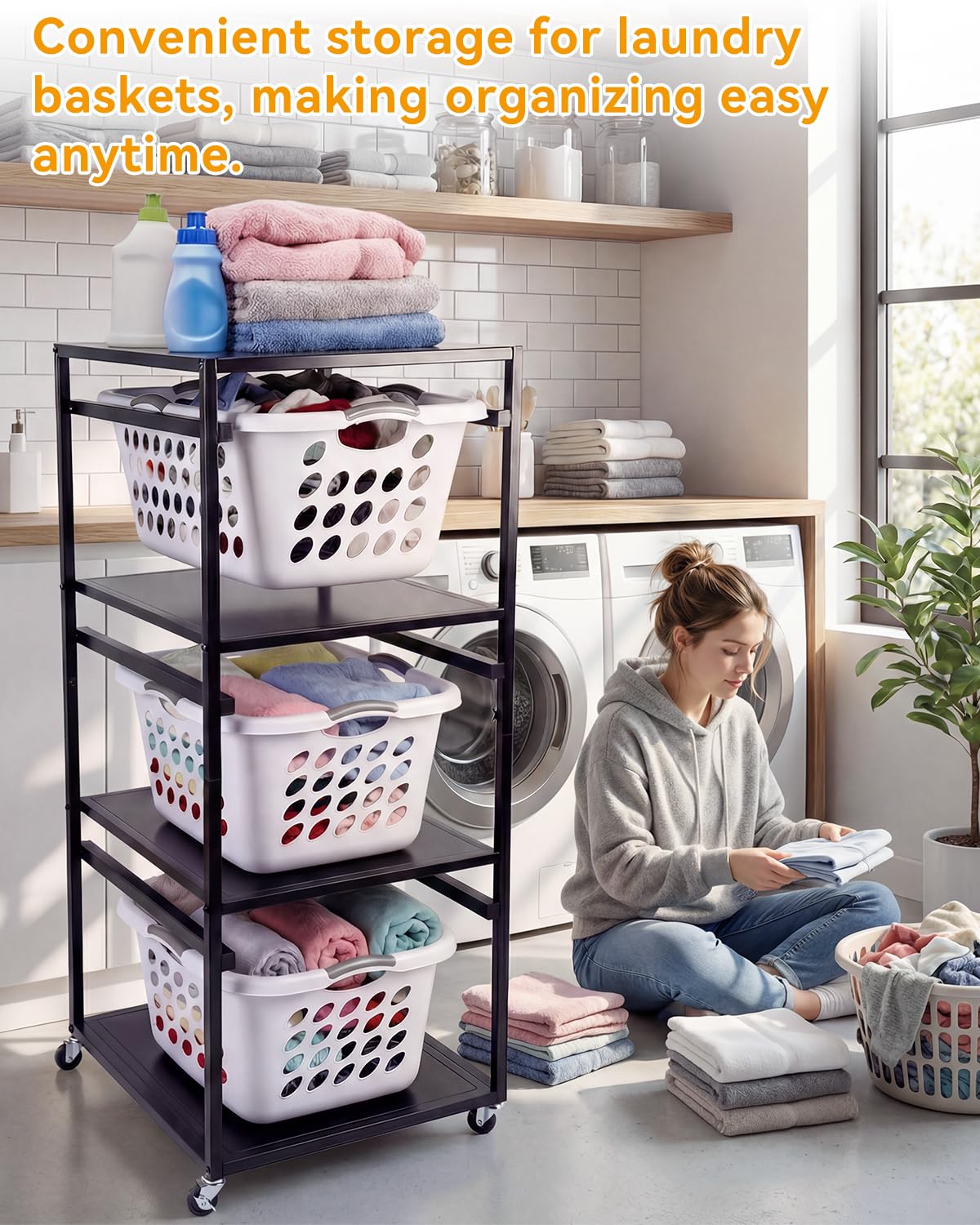 Laundry Basket Holder Shelf, 3-Tier Metal Laundry Basket Organizer with Wheels, Rolling Laundry Storage Rack for Bathroom, Bedroom & Laundry Room