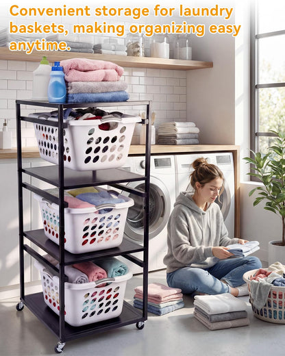 Laundry Basket Holder Shelf, 3-Tier Metal Laundry Basket Organizer with Wheels, Rolling Laundry Storage Rack for Bathroom, Bedroom & Laundry Room