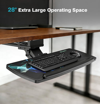 Keyboard Tray Under Desk with Storage Drawer, Height Adjustable Keyboard Tray Slide Out 360° Swivel Tilt, Ergonomic Under Desk Mount Keyboard & Mouse Pad Lighting for Gaming Home Office