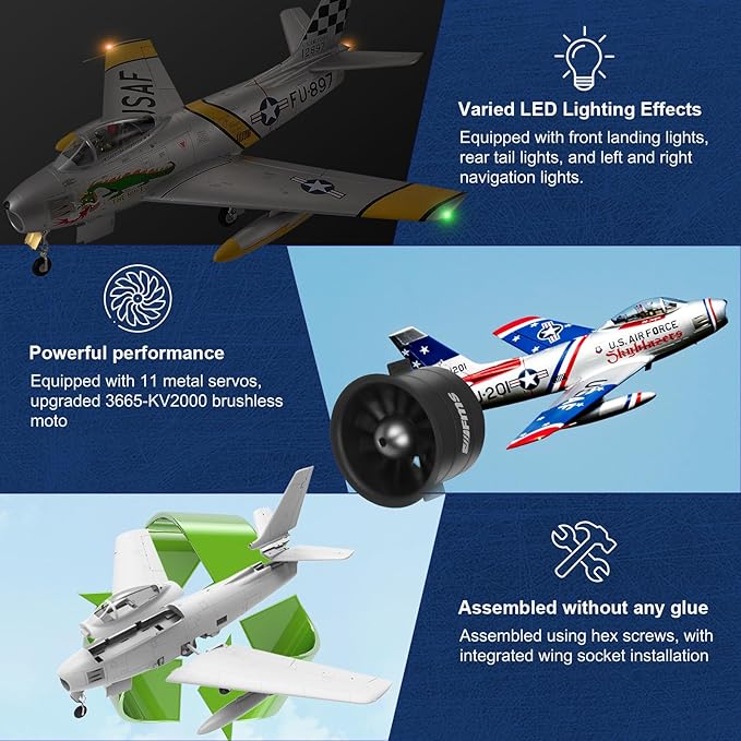 FMS Rc Planes for Adults Remote Control Airplane F-86 Skyblazer Blue RC Airplane 6CH 80mm Hobby Rc Airplanes PNP (No Radio Battery Charger)