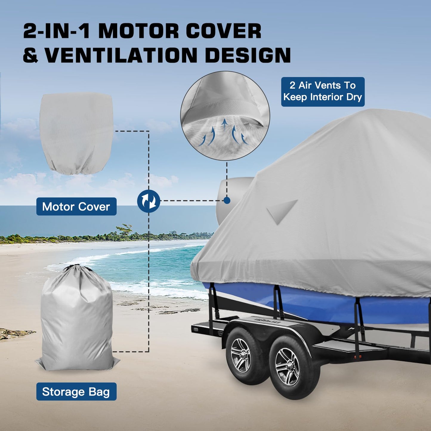 Mionovity Wake Tower Boat Cover, Wakeboard Tower Boat Cover - 900D Marine Heavy Duty Waterproof Boat Cover, Fits Fits V Hull Runabout Ski-Boats, 23-25ft, Gray