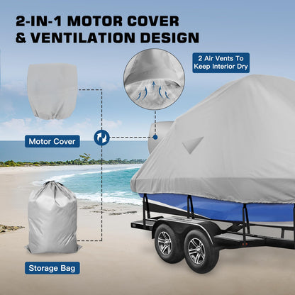 Mionovity Wake Tower Boat Cover, Wakeboard Tower Boat Cover - 900D Marine Heavy Duty Waterproof Boat Cover, Fits Fits V Hull Runabout Ski-Boats, 23-25ft, Gray