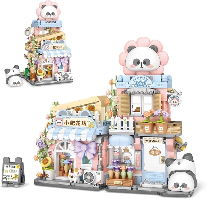 Street View Flower House Shop Mini Building Blocks MOC Creative Building Toys Cute Panda Building Set for Kids 6-12 Simulation Architecture Construction Toy Gift Idea for Kids Adults (810PCS)