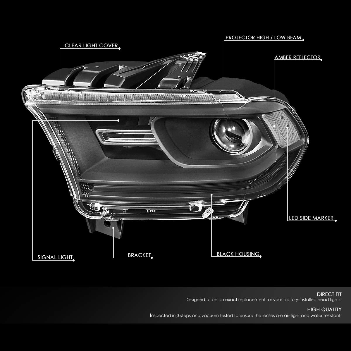 DNA Motoring HL-OH-DDUR14-BK-CL1 Pair Factory Style Projector Headlight Lamp with LED Side Marker