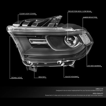 DNA Motoring HL-OH-DDUR14-BK-CL1 Pair Factory Style Projector Headlight Lamp with LED Side Marker