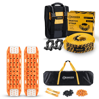 BUNKER INDUST Offroad Traction Boards with Jack Base (Orange) + 3" x 30ft Recovery Straps + Pair 3/4 D Ring Shackles + Bag 35,000 lbs Tree Saver Winch Strap