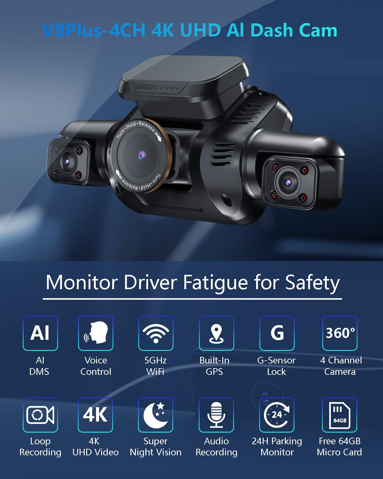 HUPEJOS AI Dash Cam Front Rear Inside with Driver Monitor System, 360° Car Camera 4K, 4 Channel Camera for Cars, WiFi GPS, Dashcam 64GB SD Card, Night Vision, 24H Parking Mode, Upgrade DMS V8Plus