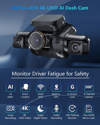 HUPEJOS AI Dash Cam Front Rear Inside with Driver Monitor System, 360° Car Camera 4K, 4 Channel Camera for Cars, WiFi GPS, Dashcam 64GB SD Card, Night Vision, 24H Parking Mode, Upgrade DMS V8Plus
