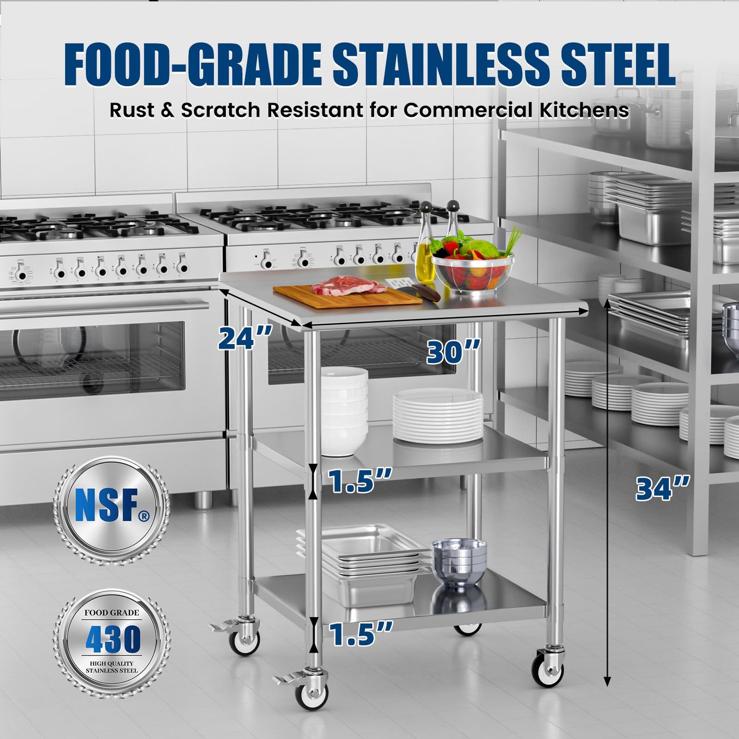 Chingoo Stainless Steel Work Table with Wheels, 24x30 Inch NSF Food Prep Table with Backsplash & 2 Adjustable Undershelves for Commercial Kitchen, Restaurant, Garage