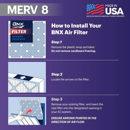 BNX TruFilter 20x20x1 Air Filter MERV 8 (6-Pack) - Made in USA | Electrostatic Pleated HVAC Filters for Dust, Pet & Mold Defense