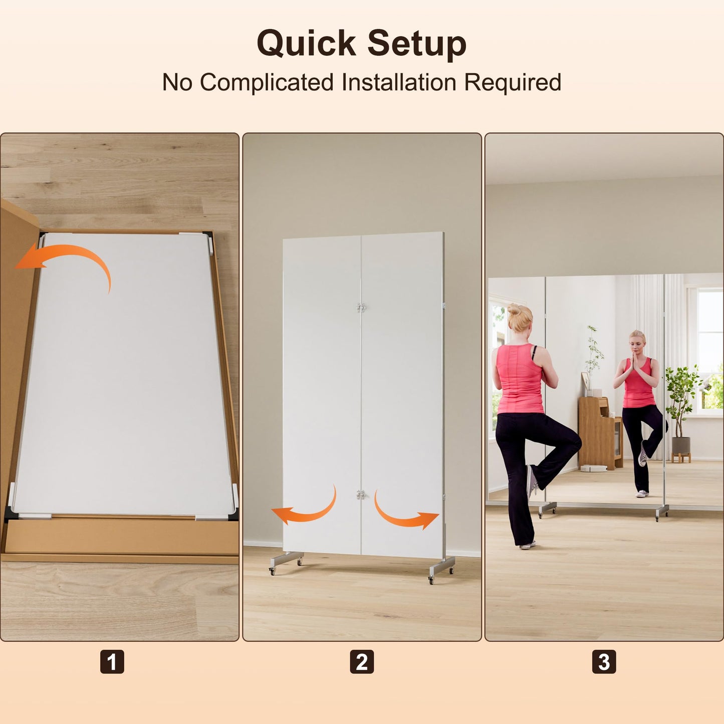 brisafe 71"x67" Folding Mirror with Wheels, 3-Panel Full Length Wall Mirror, Space-Saving Design, Shatterproof Nano Material, Portable Floor Mirror for Gym, Dance Studio, Home, Commercial Use, White