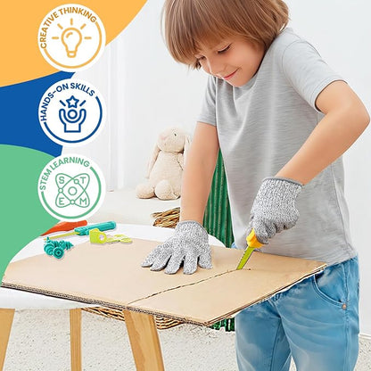 Cardboard Tools for Kids 98 Pcs Resuable Cardboard Construction Tools with Cutter for Family &amp Classrom Activities STEM Educational Construction Building Kit Toys for Boys &amp Girls Ages 5+ (9