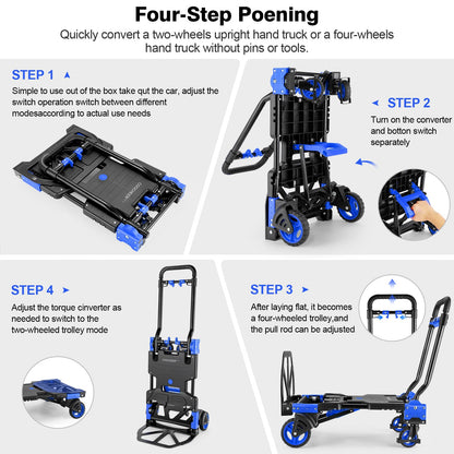 2-in-1Hand Truck Dolly Foldable with Folding Basket, 330LB Folding Hand Truck Heavy Duty Carrying, Combination of 4 Wheels and 2 Wheels Convertible Dolly Cart with Retractable Handle Dolly for Moving