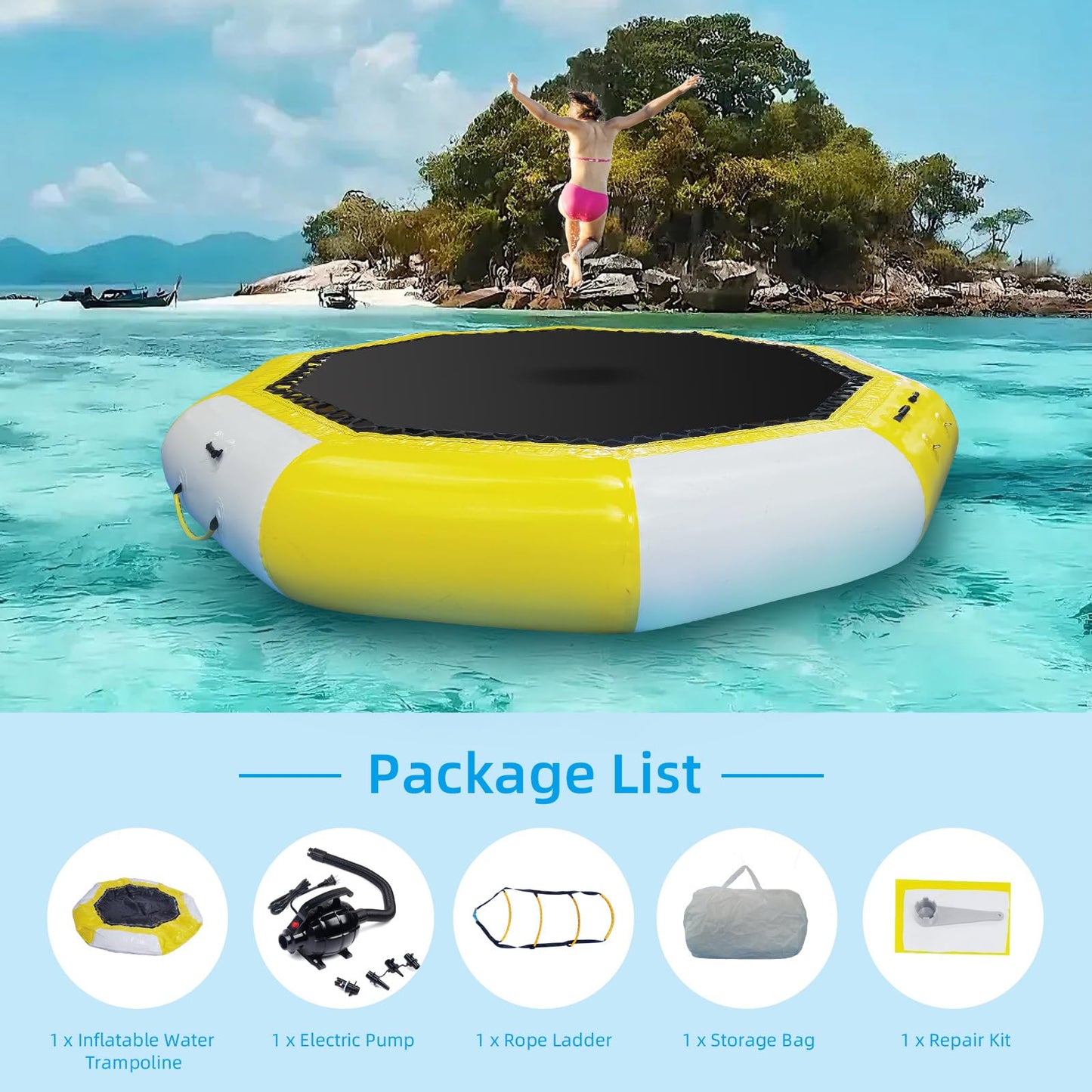 XHYCPY Inflatable Water Trampoline, 10FT/12FT Recreational Water Bouncer w/Inflator, Rope Ladder, Storage Bag, Portable Bounce Swim Platform for Lakes, Pools, Calm Sea