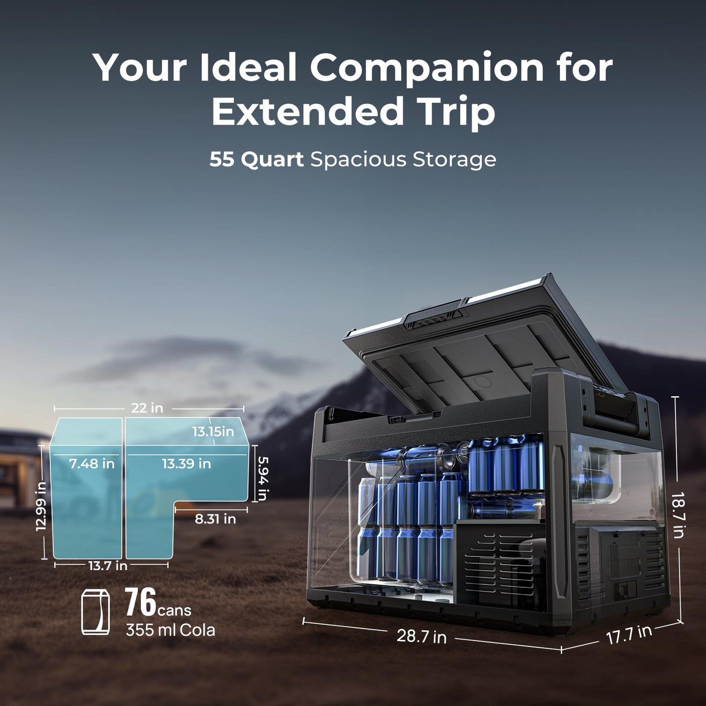BougeRV 12 Volt Portable Refrigerator, 55 Quart Dual Zone Car Fridge Freezer with APP Control, Compressor Cooler 12/24V DC, 110~240V AC for Overlanding, Camping, Travel, RV(2026 New Model: Rocky V3.0)