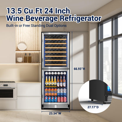 Tylza 24'' Wine and Beverage Refrigerator, Dual Zone Wine Fridge with 190 Cans and 90 Bottles, Upgraded Compressor, Low-E Tempered Glass, Safety Lock, 2 In 1 Beverage Fridge for Home or Commercial