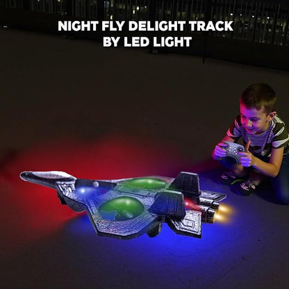 Foam RC AirplaneRemote Control Planes with LED Lights Fighter Jet for Night Flights Outdoor 360° Flip &amp Spin Stunt Drone Toy for Beginner Adults