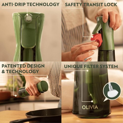 FLAIROSOL OLIVIA Oil Sprayer - 200ml Glass Cooking Spray Bottle with Portion Control | Green & Gold Design