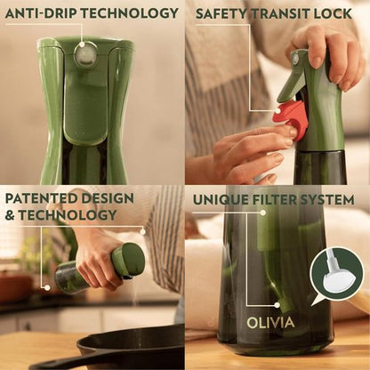 FLAIROSOL OLIVIA Oil Sprayer - 200ml Glass Cooking Spray Bottle with Portion Control | Green & Gold Design