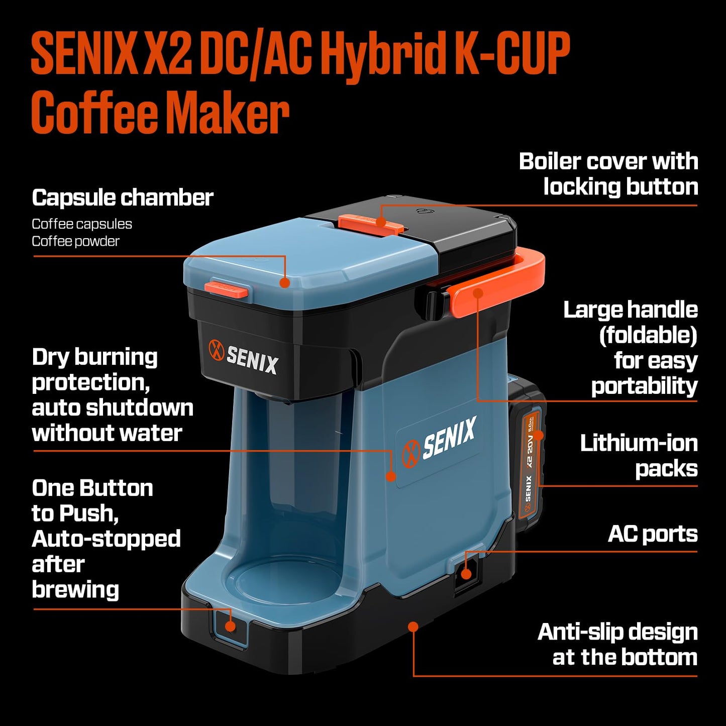 SENIX Coffee Maker Single Serve, Portable, 2-in-1 20V 5.0 Ah Battery, Charger & Power Cord, Compatible with K-Cups, Ground, Pods, 8oz Brew Size - for Travel, Camping, To-Go, Job Site, Home (CMX2-M4)