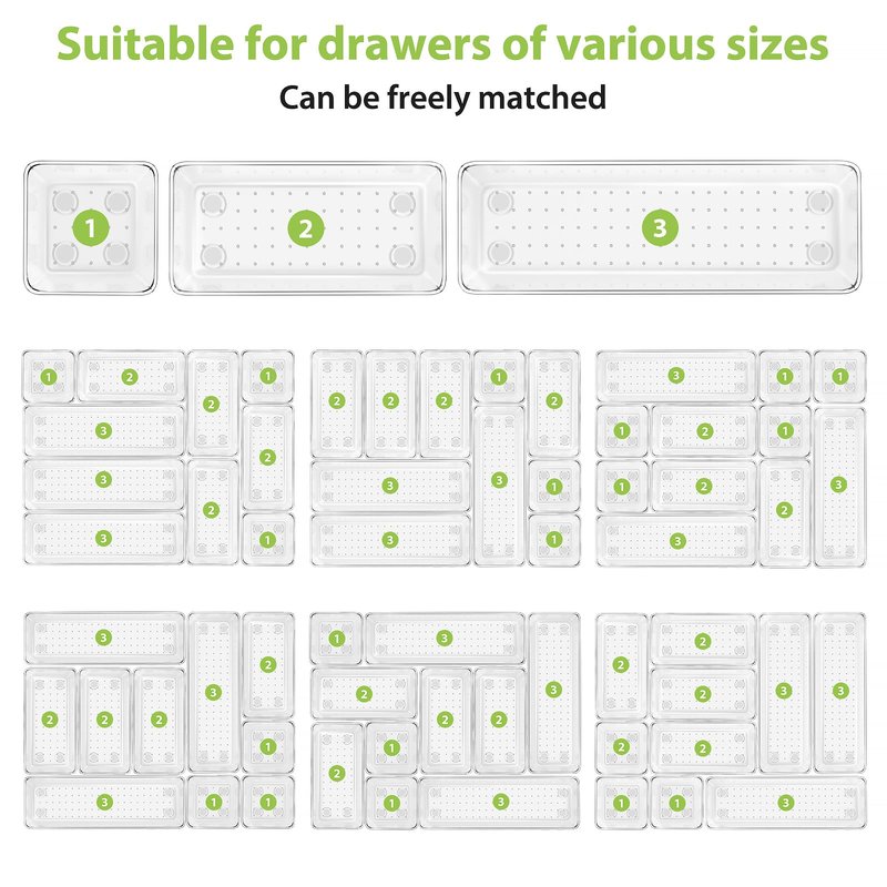 12 Piece Clear Drawer Organizer Set, 3 Sizes Bathroom Vanity Organizer Trays and Storage Bins for Makeup, Cosmetics, Jewelry, and Gadgets. Perfect for Office, Kitchen, Bedroom, Bathroom Use.