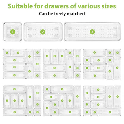 12 Piece Clear Drawer Organizer Set, 3 Sizes Bathroom Vanity Organizer Trays and Storage Bins for Makeup, Cosmetics, Jewelry, and Gadgets. Perfect for Office, Kitchen, Bedroom, Bathroom Use.