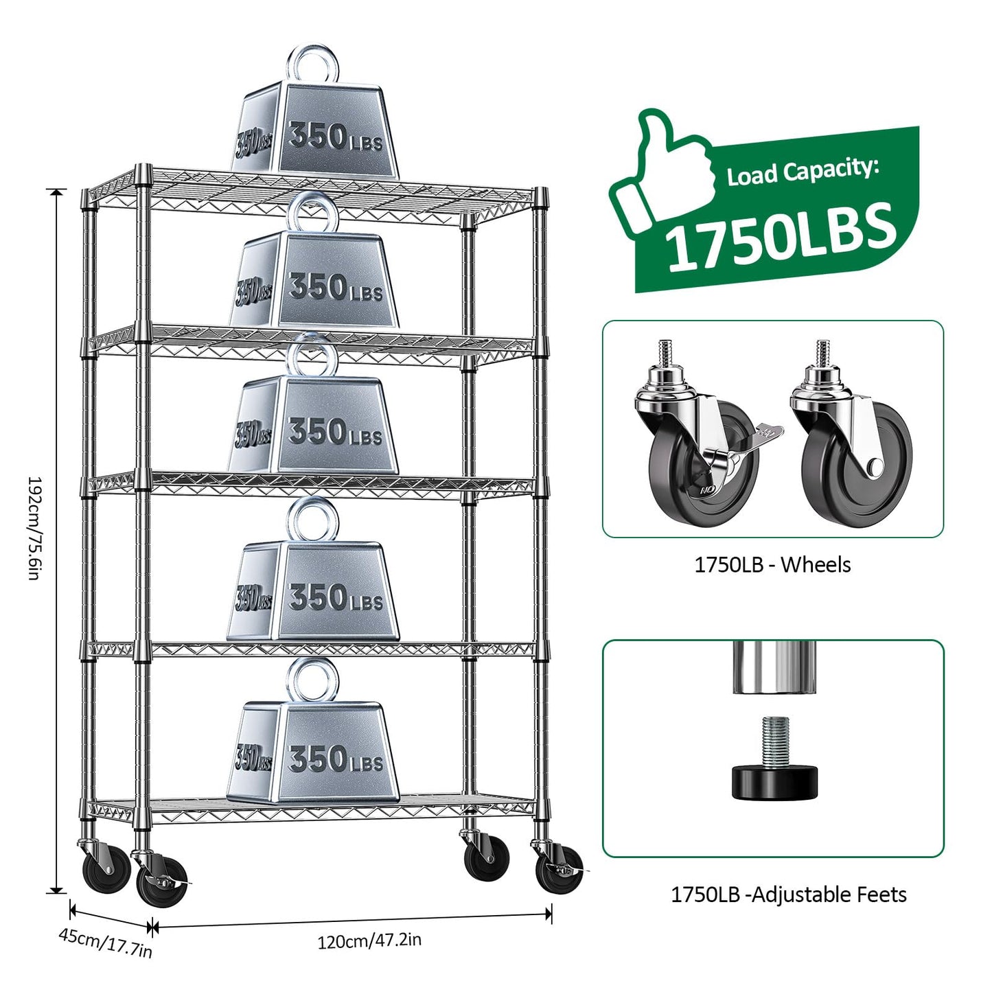 IZEUK 5-Tier Storage Shelving Unit with Wheels, Adjustable Heavy Duty Steel Wire Rack Organizer (Chrome, 17.7" D x 47.2" W x 76.7" H, 1750 lbs Capacity) for Garage, Kitchen, Pantry, Laundry, Basement