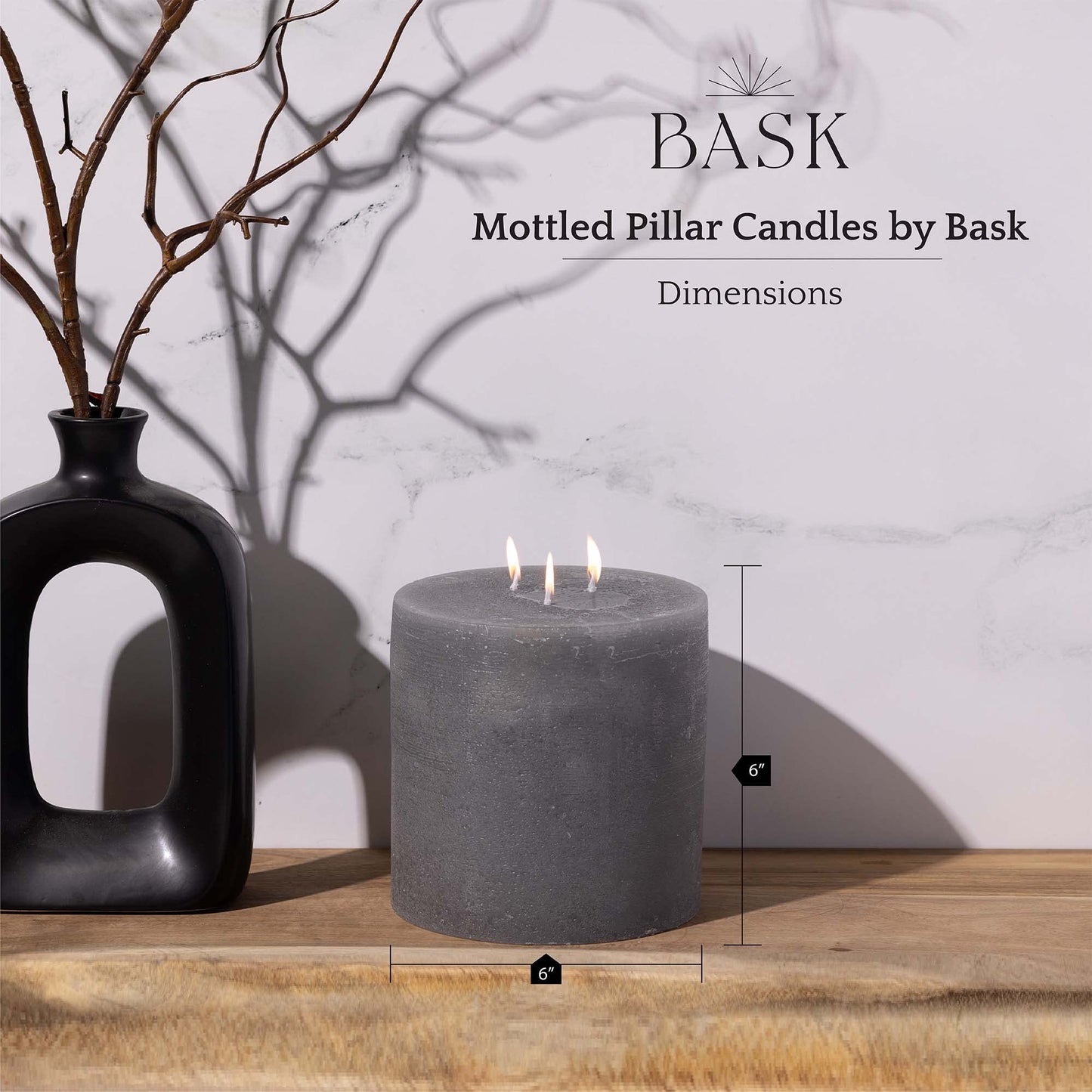 Bask Large Mottled Pillar Candles - Unscented - 6-Inch Diameter for Extra-Wide Holders - 3-Wick Candles for Home and Events - Gray