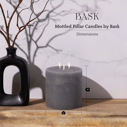 Bask Large Mottled Pillar Candles - Unscented - 6-Inch Diameter for Extra-Wide Holders - 3-Wick Candles for Home and Events - Gray
