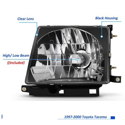 Black For 1997 1998 1999 2000 Toyota Tacoma Headlight Headlamp Assembly Compatible with 97-00 Toyota Tacoma Replacement Head Lights Clear L+R w/Bulbs