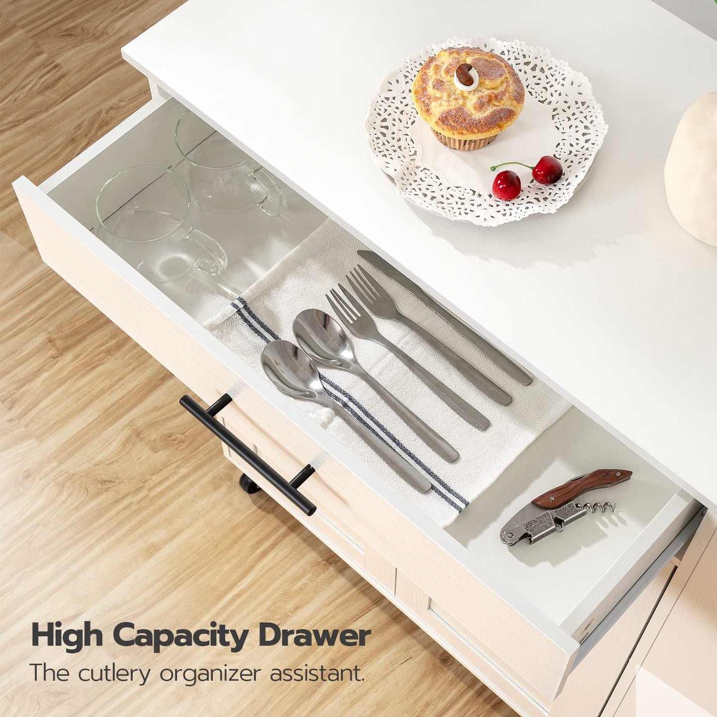 HOOBRO Kitchen Island with Power Outlet, Kitchen Storage Island with Spice Rack and Drawer, Rolling Kitchen Cart on Wheels, for Home, Kitchen and Dining Room, White WT82UZD01G1