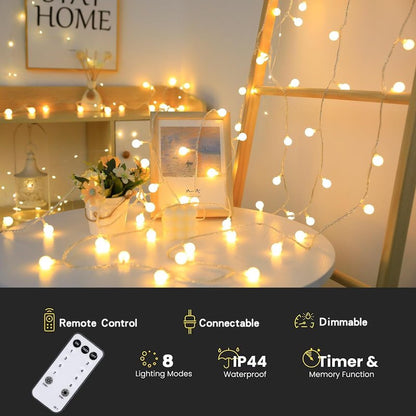 RaThun Globe String Lights Plug in 116 Ft. 200 LED 8 Modes with Remote,Waterproof Fairy String Lights for Indoor Outdoor Bedroom Party Wedding Garden Christmas Tree Decor,Warm White
