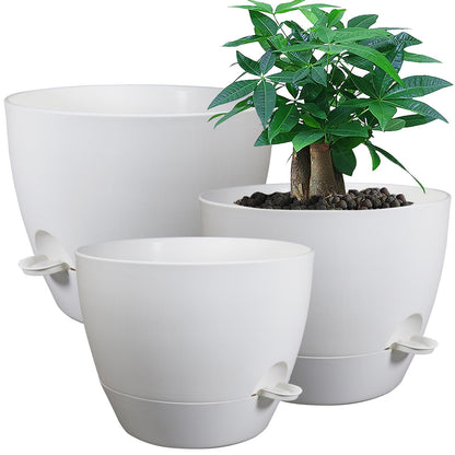 UOUZ Large Self Watering Pots, 12/10/9 Plastic Planters with High Drainage Holes and Deep Reservoir for Indoor Outdoor Garden Plants and Flowers, White