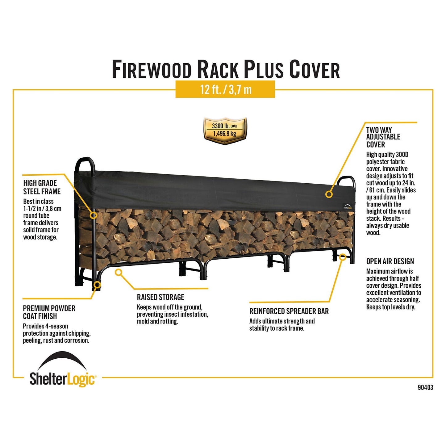ShelterLogic 12' Adjustable Heavy Duty Outdoor Firewood Rack with Steel Frame Construction and Water-Resistant Cover