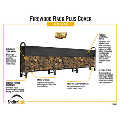 ShelterLogic 12' Adjustable Heavy Duty Outdoor Firewood Rack with Steel Frame Construction and Water-Resistant Cover