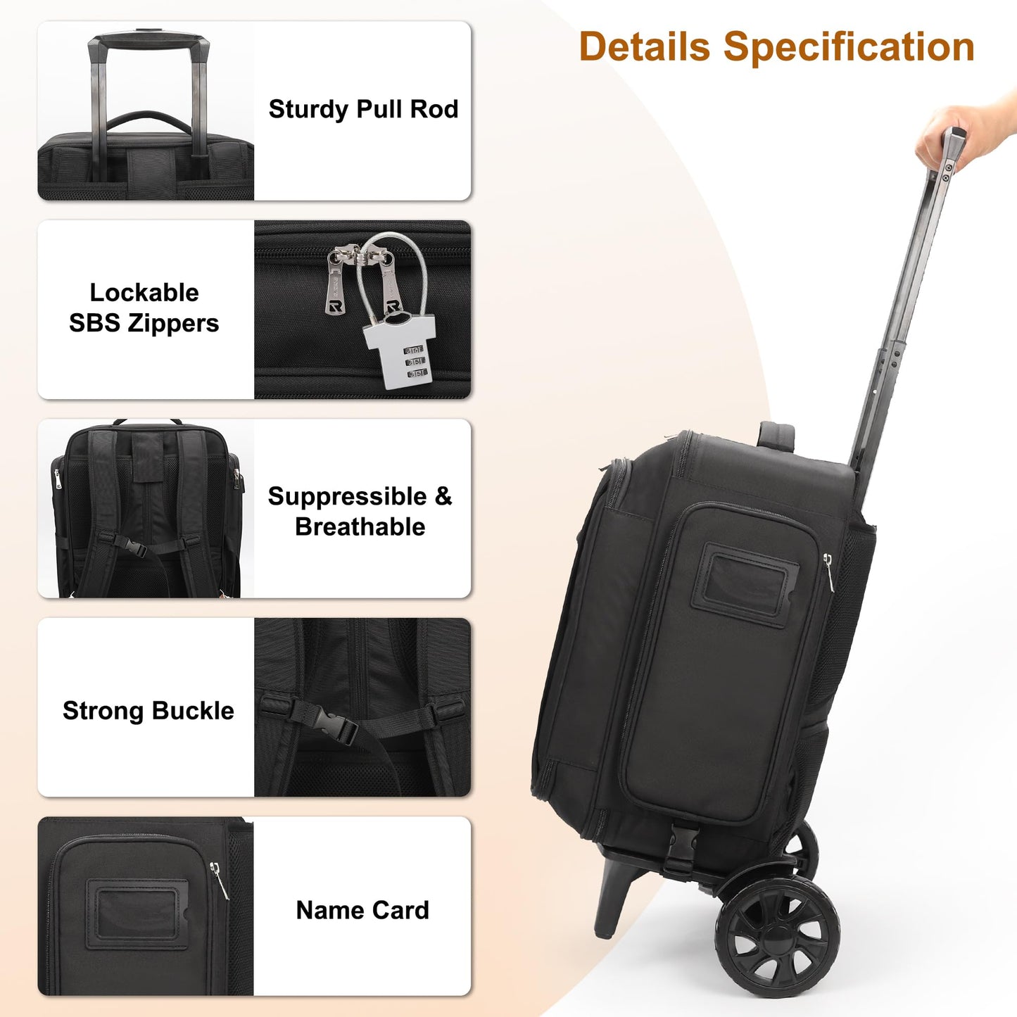 Relavel Rolling Makeup Case with Large Brush Bag, Professional Make Up Travel Organizer Bag with 2 big Wheels, Lockable Makeup Backpack with Adjustable Dividers for Makeup Artist - Black