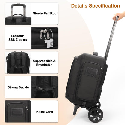 Relavel Rolling Makeup Case with Large Brush Bag, Professional Make Up Travel Organizer Bag with 2 big Wheels, Lockable Makeup Backpack with Adjustable Dividers for Makeup Artist - Black