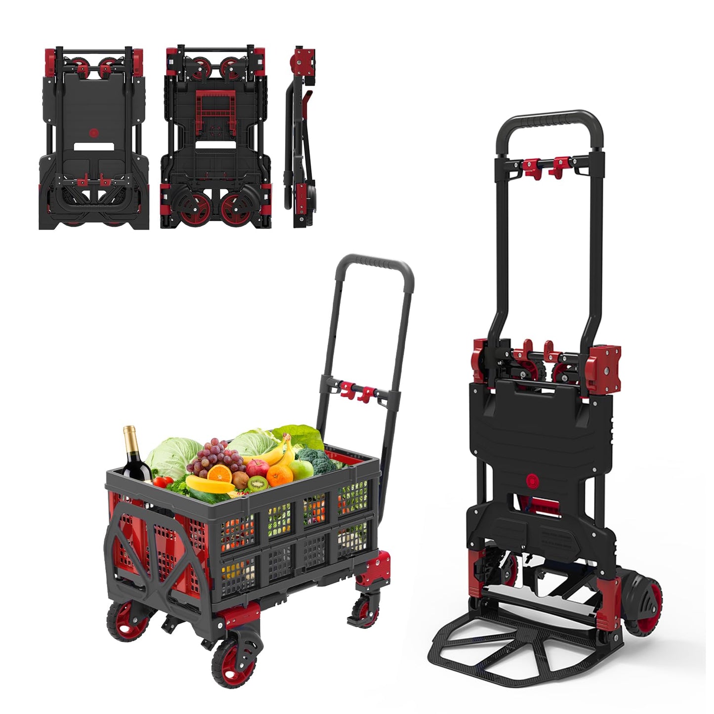 Garstc 2 in 1 Folding Hand Truck with Folding Basket,Heavy Duty Hand Truck Dolly 330lbs Capacity with Telescoping Handle,Portable Dolly Cart with Wheels and Bungee Cords for Moving