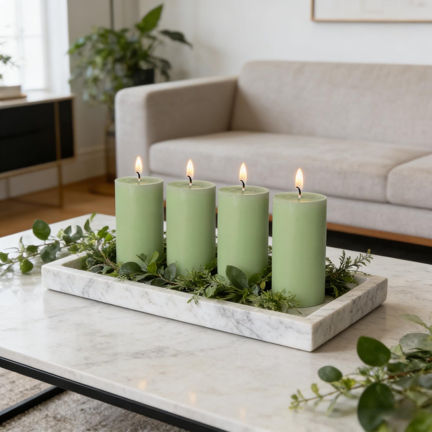 4 Pack Sage-Green Pillar Candles, 2x4 Inch, Long-Lasting, Dripless and Smokeless Unscented Candles, Ideal for Home Décor, Parties Weddings and Relaxation