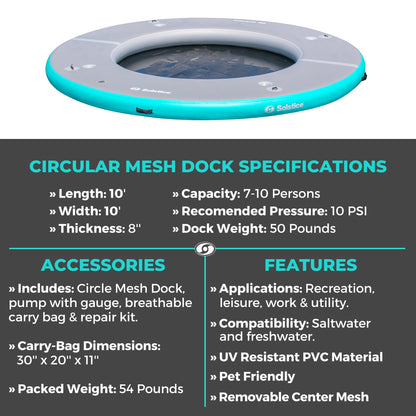 Solstice 10-Person Circular Mesh Inflatable Dock, Floating Water Raft Platform, 10ft - Round Outdoor Ring for Lake, River, Swimming Pool & Beach, Includes w/Carry Bag & Repair Kit