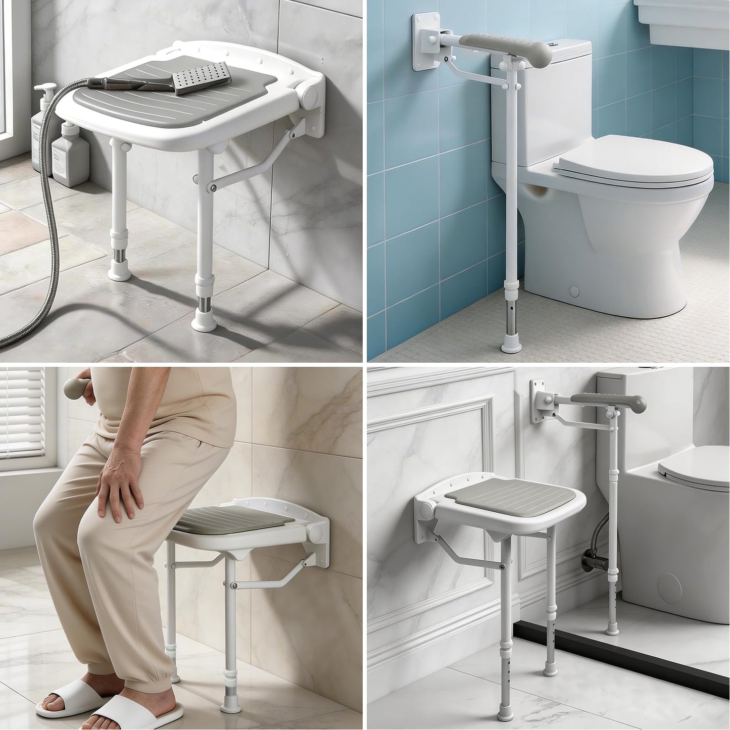 Caredear Folding Shower Seat with Adjustable PU Grab Bar, 550lbs Heavy Duty Fold Down Bath Bench with Legs, Non-Slip Comfort Grip and Removable Cushion, Wall Mounted Chairs for Seniors