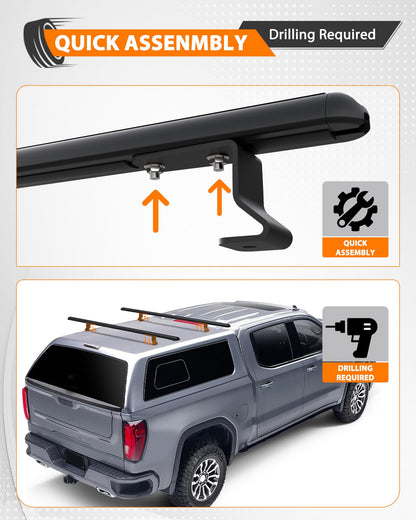 MELIPRON 60" Truck Topper Roof Rack for Pickup Truck Cap, Heavy Duty Aluminum Camper Shell Ladder Rack for Kayak/Canoe, 500lbs, Drilling Required