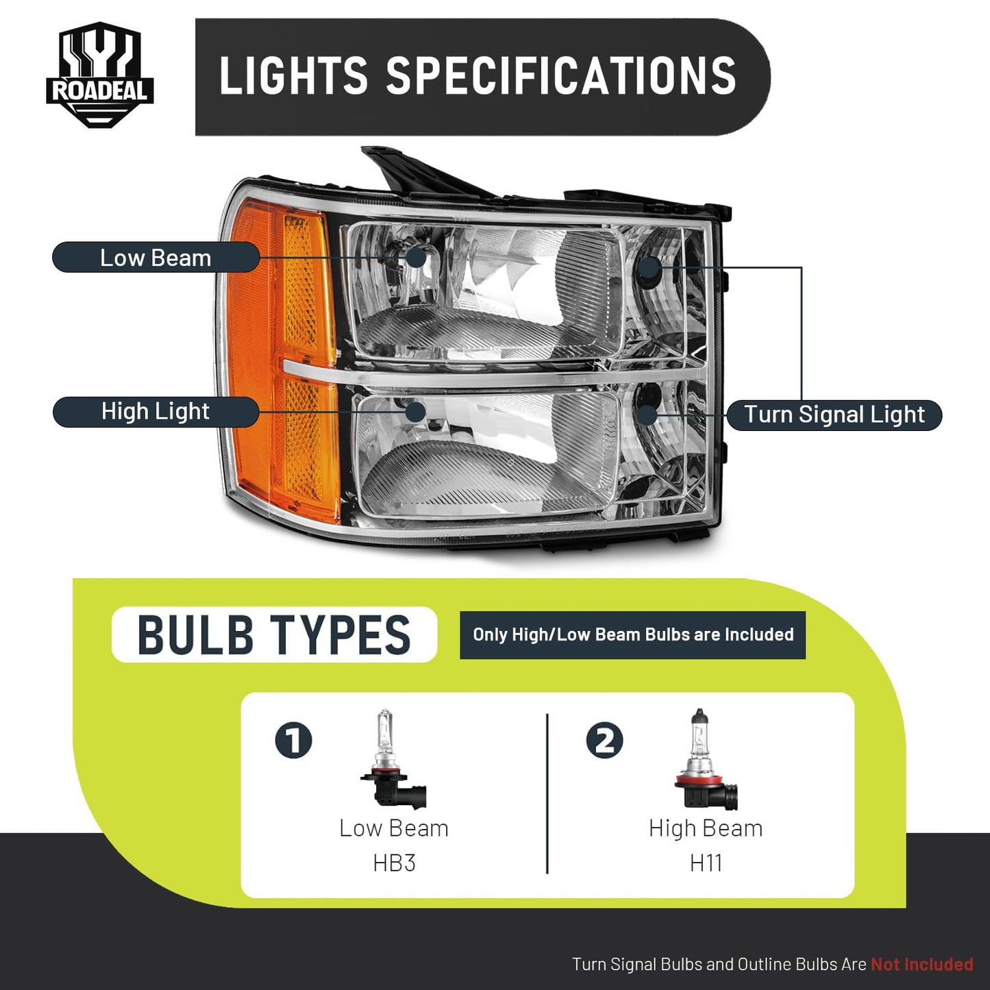 ROADEAL Headlights W/Bulbs for 2007-2013 GMC Sierra 1500/2007-2014 Sierra 2500 HD 3500 HD Halogen Headlamp Replacement Driver & Passenger Side