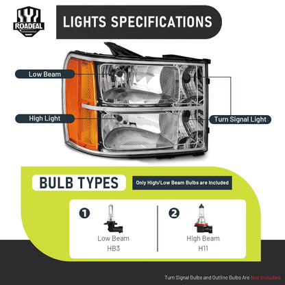 ROADEAL Headlights W/Bulbs for 2007-2013 GMC Sierra 1500/2007-2014 Sierra 2500 HD 3500 HD Halogen Headlamp Replacement Driver & Passenger Side