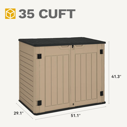 DWVO 35 Cuft Outdoor Horizontal Storage, Waterproof Resin Storage Shed with Floor and Multiple Accesses for Garden Tools, Easy Assembly, Brown (No Shelf Included)