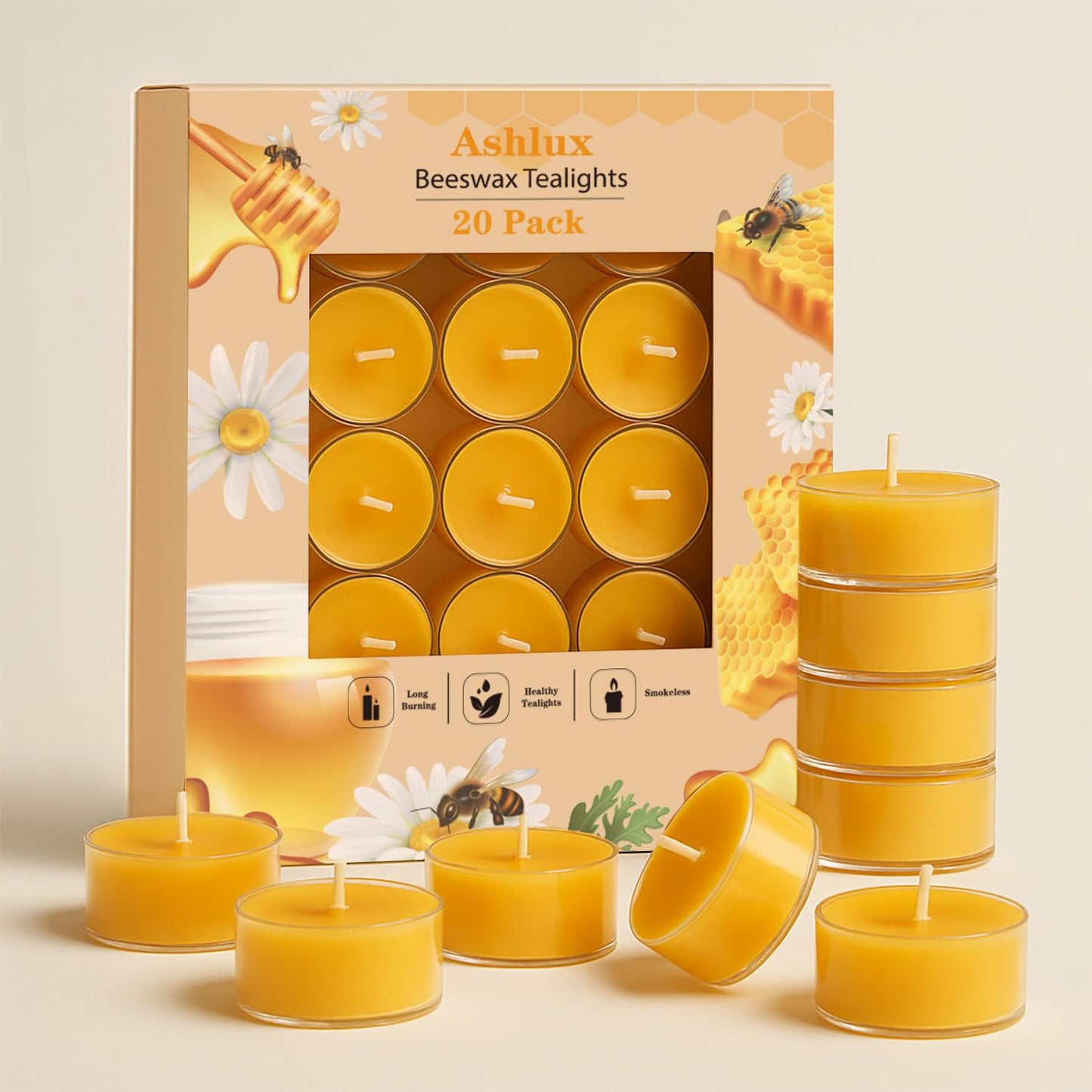 Ashlux Unscented Beeswax Tea Lights Candles 20 Pack, 4 Hours Long Burning Handmade Yellow Tealight Candles, Clear Cup Smokeless Beeswax Candles for Wedding, Christmas Lights, Centerpiece & Home Decor