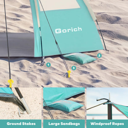 Gorich Beach Tent Sun Shelter with Canopy, Easy Setup UPF50+ UV Protection Sun Shade for 3-4/5-6/7-8 Person, Lightweight & Compact Beach Umbrella for Family Travel