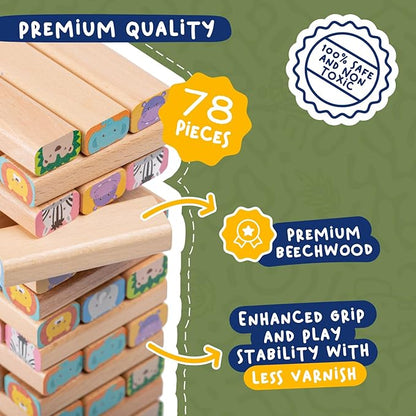 Nene Toys Wooden Block Stacking Game – 4-in-1 Tumble Tower Family Board Game with Building Blocks Cards and Dice – African Safari Educational Wooden Toy for Kids 3-9 Years Old About Animals