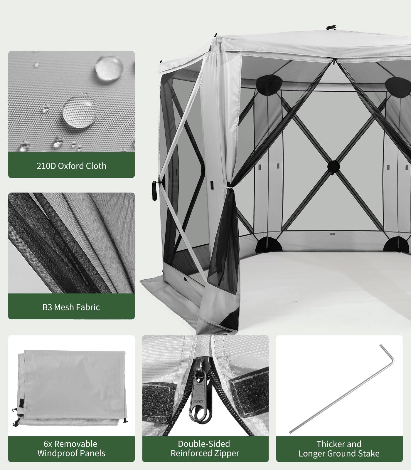 Raynesys 6 Sided Pop Up Gazebo Tent, Camping Screen Tent for 6-8 Person Foldable, Pop-Up Canopy Shelter with Mesh Windows, UV Resistant, Quick Set, Outdoor Gazebo with 6 Removable Wind Cloths, Gray